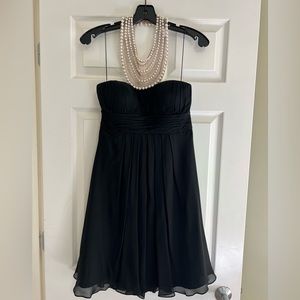 Aidan Mattox black mini dress with attached pearl necklace